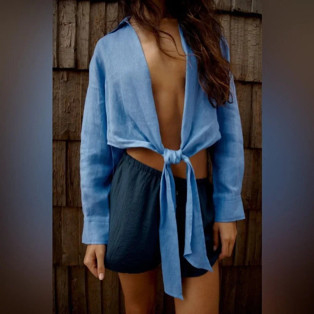 Zara Linen  Shirt With Knot Blue NWT Size XS